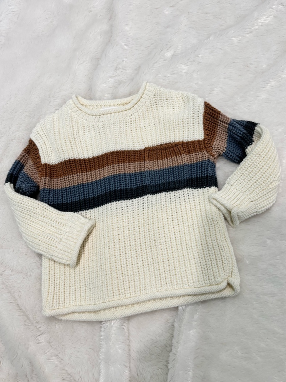Cozy Cream Knit Kids Sweater with Brown & Blue Stripes